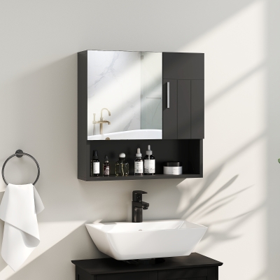 kleankin Armadietto Specchiera Bagno 2 Ante Ripiano Aperto Nero