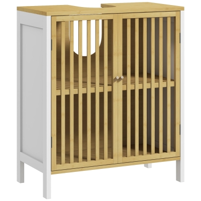 HOMCOM Armario de Baño Bajo Lavabo de Bambú con Puerta Doble y Estante Ajustable Carga 30 kg 60x30x70 cm Natural y Blanco
