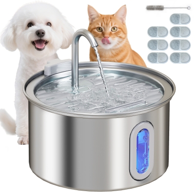 PawHut Fontanella per Gatto 2.5L con Luce LED e 2 Modalità di Flusso, in Acciaio Inox, 19.4x19.4x18.7 cm, Argento