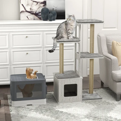 PawHut Conjunto para Gatos com Arranhador para Gatos 114 cm com Múltiplas Plataformas e Caixa de Areia Coberta Cinza