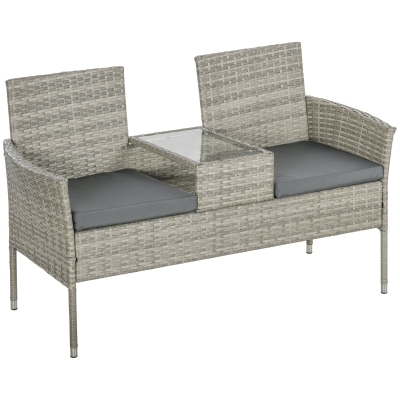 Outsunny Rattan Two-Seat Chair with Table Light Grey