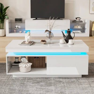 High Gloss LED Coffee Table with Storage Drawer, White