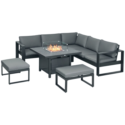 Outsunny 6-Piece Aluminium Garden Sofa Set with Fire Pit Grey