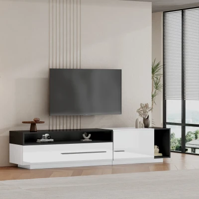 Modern High Gloss TV Stand with Drawer, White+Black