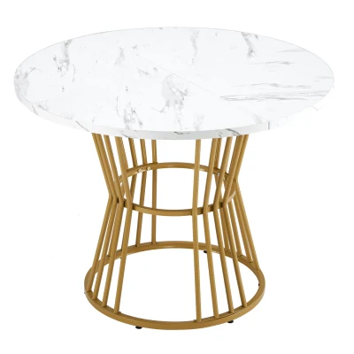 Modern Round Dining Table with MDF Marble Pattern Top, Gold+White