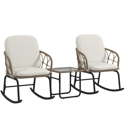 Outsunny Conjunto de Muebles de Ratán de 3 Piezas con 1 Mesa de Centro 2 Mecedoras y Cojines para Jardín Crema y Beige