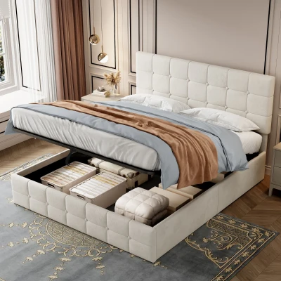 Velvet Double Bed with Hydraulic Storage, Beige