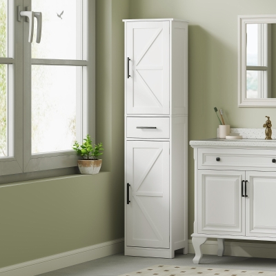 HOMCOM Armario Alto de Baño Estrecho con 2 Puertas 1 Cajón y 2 Estantes Ajustables Estilo Rústico 40x30x170 cm Blanco