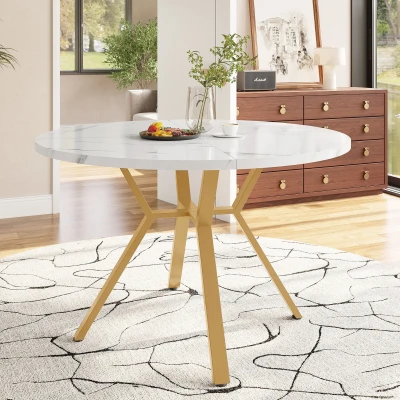 Round Dining Table with X-Shaped Metal Bracket, Gold+White