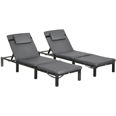 Outsunny Rattan Sun Loungers Set of Two with Cushions Grey