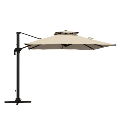 Outsunny Sombrilla de Jardín 300x300 cm Parasol de Aluminio con Manivela Poste Giratorio 360° Doble Techo Inclinable Caqui