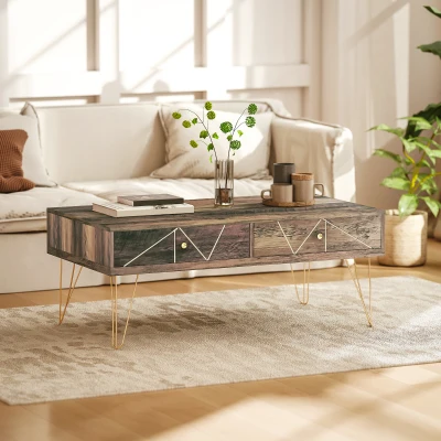 HOMCOM Table Basse Bois Luxe 2 Tiroirs Brun Doré