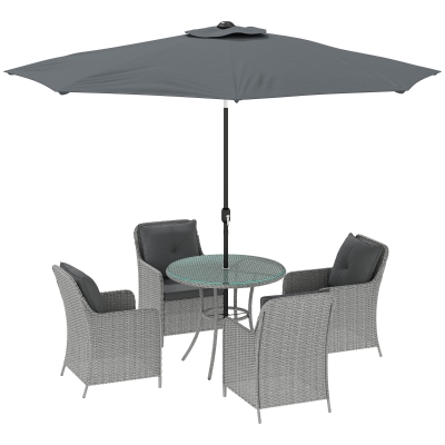 Outsunny 4-Seater Rattan Dining Set with Parasol Light Grey