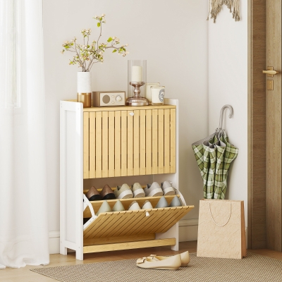 HOMCOM Zapatero Estrecho con 2 Puertas de Bambú con Listones Estantes Ajustables para 12 Pares de Zapatos Blanco y Natural