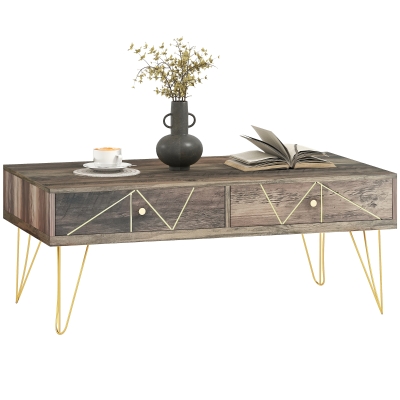 HOMCOM Table Basse Bois Luxe 2 Tiroirs Brun Doré