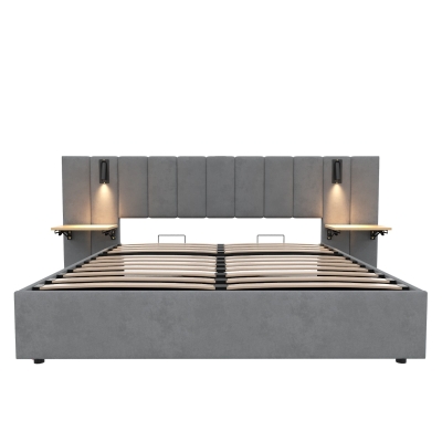King Upholstered Bed with Charging Station, Grey