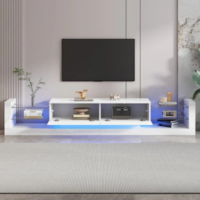 Open Glass Storage TV Stand with LED Lights, White