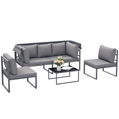 Outsunny Salon de jardin extérieur 4 pièces modulaire avec canapé, fauteuil et table basse en verre trempé, coussins inclus, gris