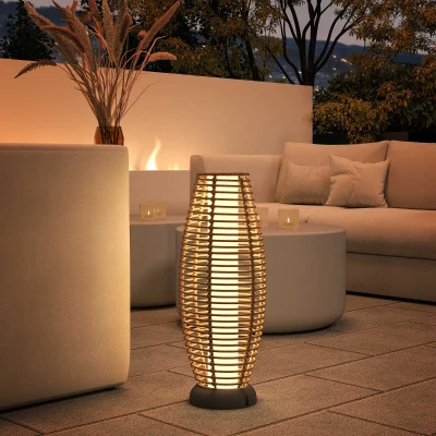 Outsunny Candeeiro de Jardim em Vime Sintético Candeeiro Solar de Exterior com Luzes LED Ligar e Desligar Automático Ø26x72 cm Madeira