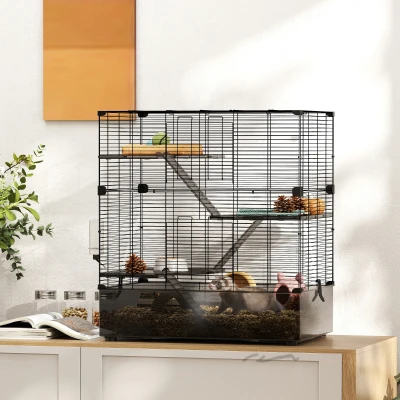 PawHut Gaiola para Pequenos Animais de 4 Níveis com Bandeja Inferior Gaiola para Roedores com Rampas Comedouro e Bebedouro 73x47x80 cm Preto