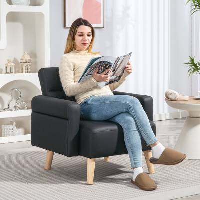 HOMCOM Sillón Tapizado en Cuero Sintético Respaldo con Costuras y Patas de Madera para Salón o Dormitorio 77x78x78 cm Negro