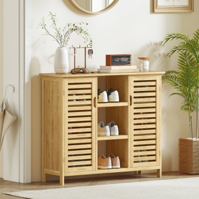 HOMCOM Zapatero con 2 Puertas de Bambú de Lamas Estantes y Compartimentos Abiertos para 9 Pares de Zapatos 100x33x86 cm Natural