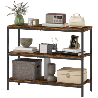 HOMCOM Console Tafel, Bijzettafel met 3-niveaus Rek, Spaanplaat, Metaal, Lichtbruin