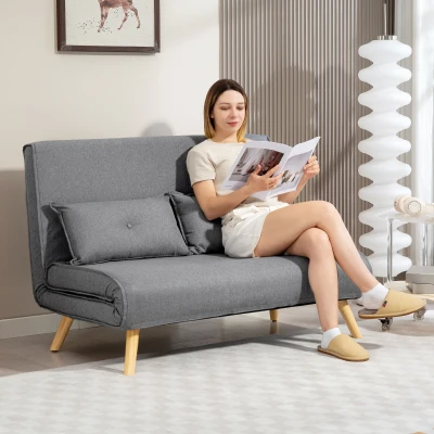HOMCOM 2-Seater Sofa Bed Linen-Look Grey