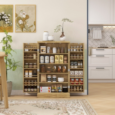 HOMCOM Armario Despensa Cocina con 2 Puertas de Ratán y 16 Estantes Alacena Moderna con Estantes Ajustables 60x30x104cm Natural