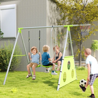 AIYAPLAY Conjunto de Columpios 4 en 1 con Planeador Canasta y Portería de Puntería para Niños de 3 a 8 Años 215x180x182 cm Verde