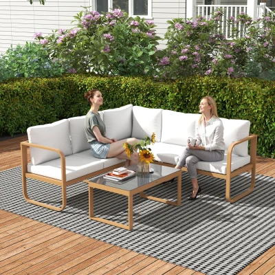 Outsunny Conjunto de Jardim de 3 Peças com Sofá de 3 Lugares com Assento Ajustável Sofá de 2 Lugares e Mesa de Centro Creme