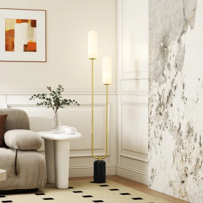 HOMCOM Lampada da Terra a U Moderna con 2 Luci Bianco Nero Oro
