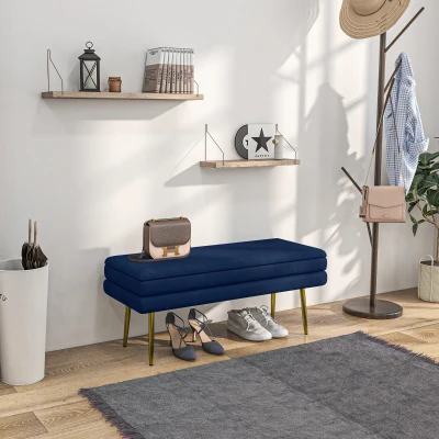 HOMCOM Banc Coffre Rangement Velours Bleu Pieds Acier 100cm