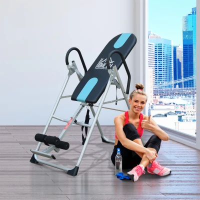 HOMCOM Tabla de Inversión Gravitacional Plegable con Altura Ajustable a 147-198cm y Cinturón 112-142x65x126 cm Negro y Azul