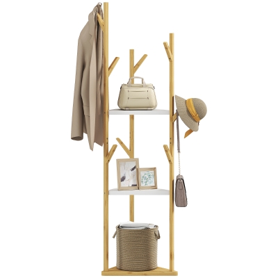 HOMCOM Appendiabiti da Terra con 9 Ganci 3 Ripiani Legno e Bianco