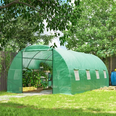 Outsunny Invernadero de Túnel 600x300x200 cm Invernadero de Jardín con Puerta Enrollable 8 Ventanas Cubierta PE 140g/m² y Tubo de Acero para Cultivos Plantas Verduras Verde