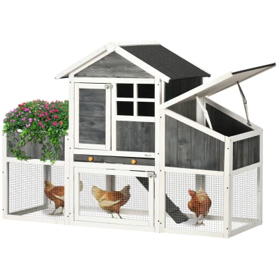 PawHut Pollaio Prefabbricato in Legno con Area Aperta, Casetta e Nido, 161.5×62.5x115cm, Grigio