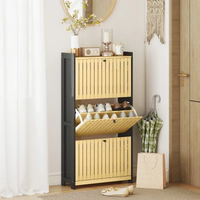 HOMCOM Meuble à Chaussures 18 Paires Bambou Noir et Bois 60x24x118cm