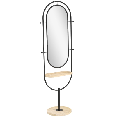 HOMCOM Miroir sur Pied Ovale avec Plateau Bois et Cadre Métal Noir