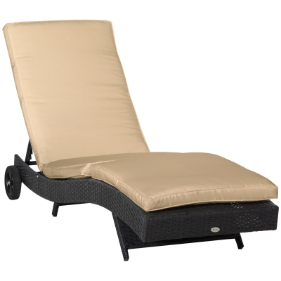 Outsunny Espreguiçadeira de Vime Reclinável Espreguiçadeira de Jardim com 2 Rodas Encosto Ajustável em 5 Posições 207x70x70 cm Preto