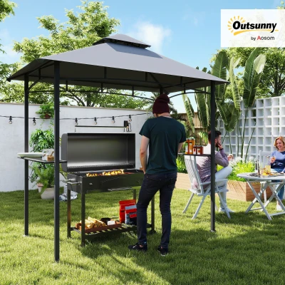 Outsunny Grillpavillon Gartenzelt Grill Pavillon Balkonpavillon mit Ablagen Flammhemmendes Doppeldach Grau 245 x 148 x 252 cm
