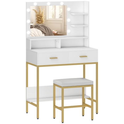 HOMCOM Toucador de Maquilhagem com Luz e Banco Mesa de Maquilhagem com 2 Gavetas e Prateleiras Estilo Moderno para Quarto Branco