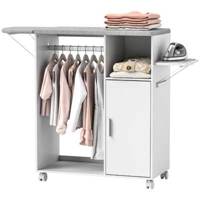 HOMCOM Mobile Asse da Stiro con Piano d'Appoggio, 3 Ripiani a Cubo e Guida, 127x42.5x99cm, Bianco
