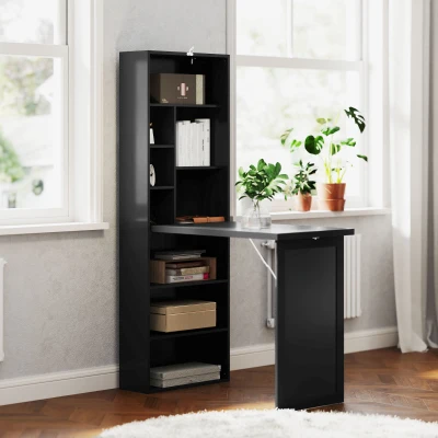 HOMCOM Escritorio Moderno Plegable con Librería y Pizarra, en MDF y Metal, 98x51x153 cm, Negro
