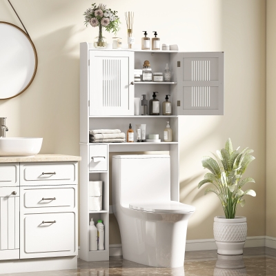 HOMCOM Estantería sobre Inodoro con Estante Ajustable 2 Puertas Soporte para Papel Higiénico y Estantes Abiertos para Baño Blanco
