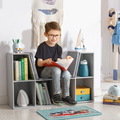 HOMCOM Estantería Infantil 2 en 1 + Banqueta con Cojines 103x30x62 cm Blanco + Gris