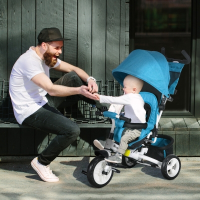 HOMCOM Triciclo para Niños Bicicleta para Niños Cesta Trasera Portavasos Capota Metal Azul
