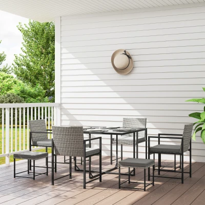 Outsunny Conjunto de Jardín Exterior de 9 Piezas de Ratán Sintético con Mesa de Vidrio 4 Sillas y 4 Taburetes con Cojines Gris