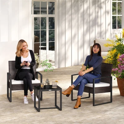 Outsunny Conjunto de Móveis de Jardim de Vime 3 Peças com 1 Mesa 42,5x40x39 cm 2 Poltronas 63x57x76 cm Almofada Acolchoada para Pátio Varanda Marrom