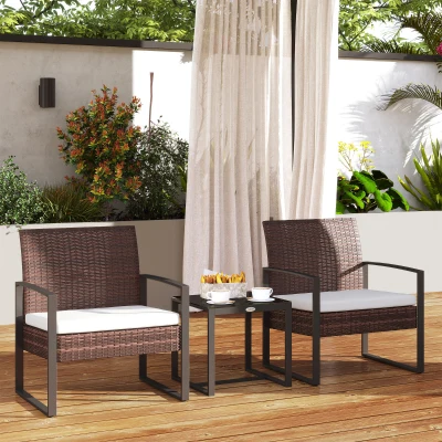 Outsunny Conjunto de Móveis de Jardim de Vime 3 Peças com 1 Mesa 42,5x40x39 cm 2 Poltronas 63x57x76 cm Almofada Acolchoada para Pátio Varanda Marrom